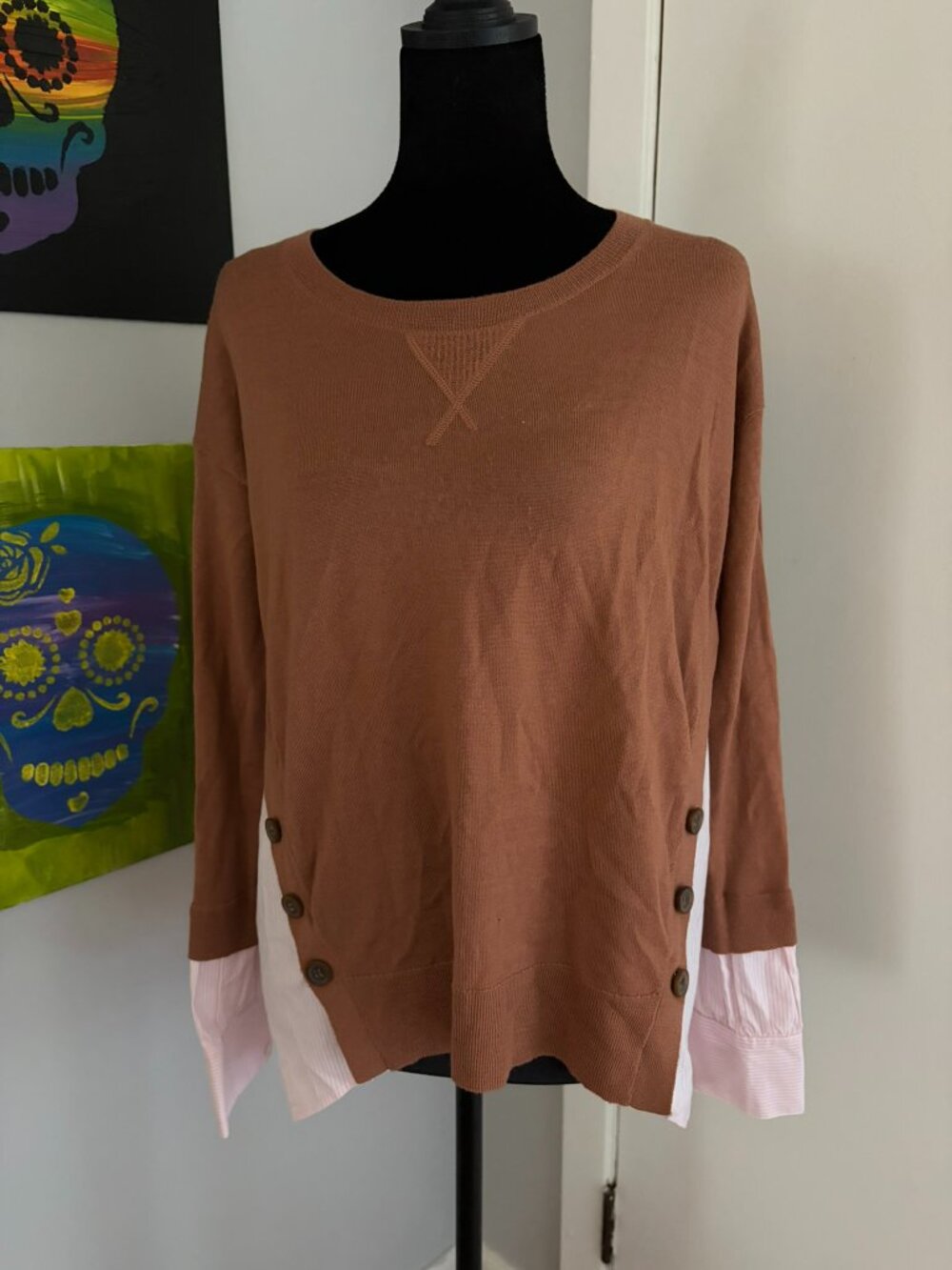 Veronica Beard Sionne Mix Media Merino Wool Sweater Clay & Pink